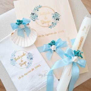 Coffret Baptême feuilles bleu