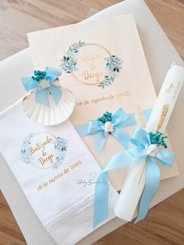 Coffret Baptême feuilles bleu