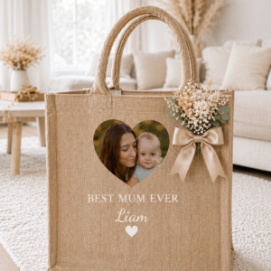 Sac en toile de jute photo et fleurs séchées